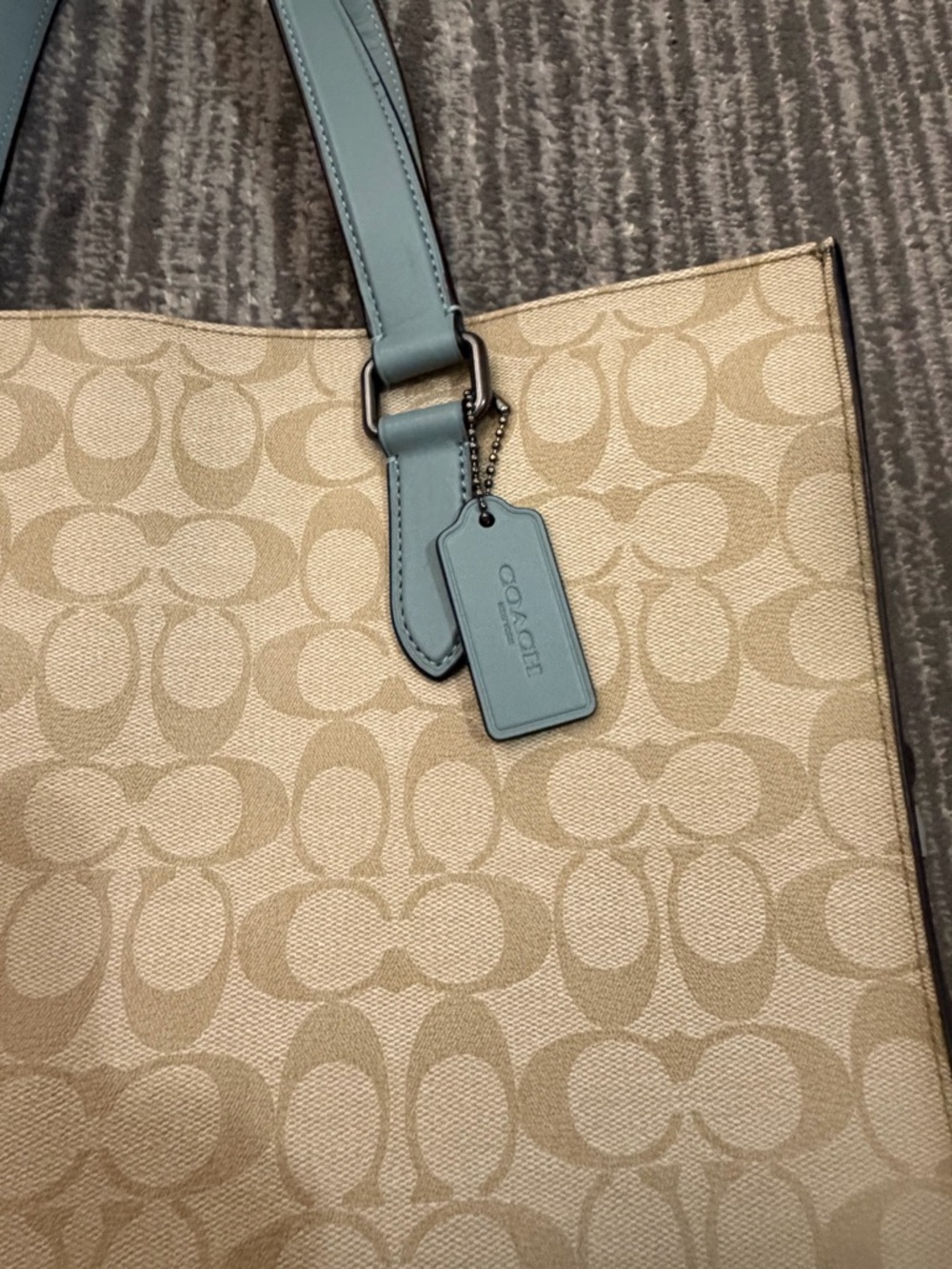 Coach Beige Signature Canvas Tote with Light Blue Trim - Picture 3 of 16